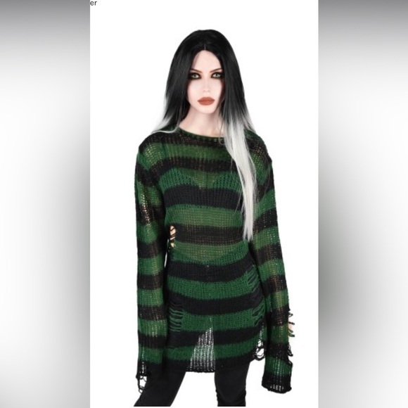 We Are the Weirdos KillStar ABSINTHE KNIT green black striped distressed SWEATER - Picture 1 of 11